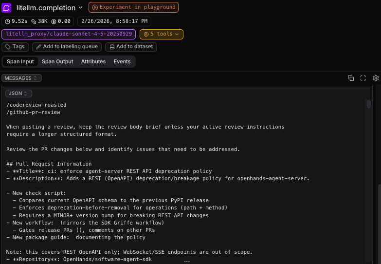 Laminar trace showing detailed agent actions during code review